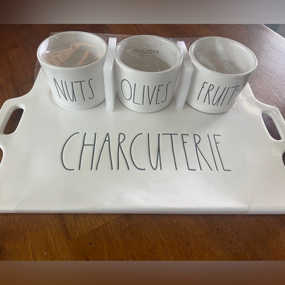 Rae Dunn CHARCUTERIE BOARD w/ Handles Cheese 3 Bowls Cups Nuts Olives Fruit  16" - Picture 3 of 4